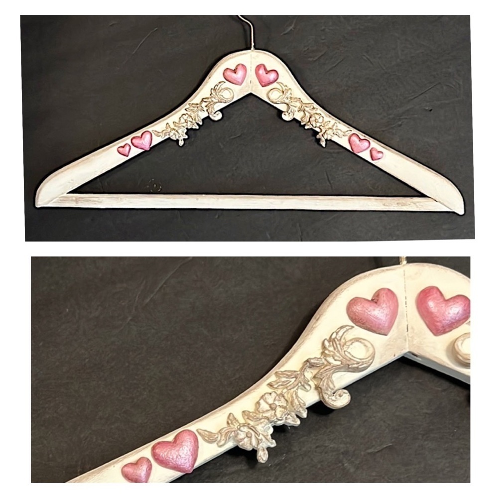 Handcrafted pink white heart and scroll motif wooden distressed hanger Valentine